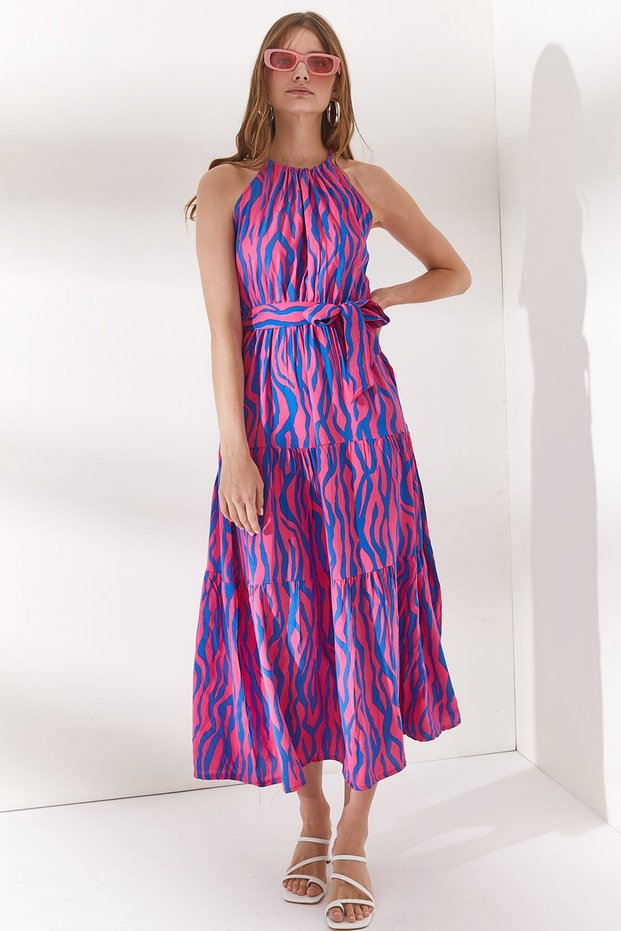 Women's Zebra Fuchsia Halter Neck Belted Woven Viscon Dress ELB-19001548