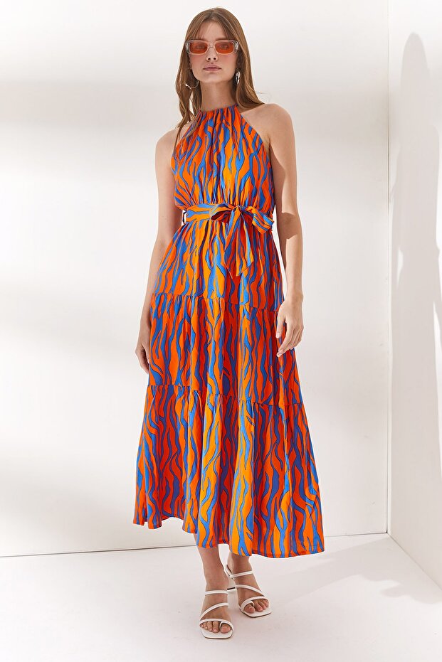 Women's Zebra Orange Halter Collar Belted Woven Viscon Dress ELB-19001548
