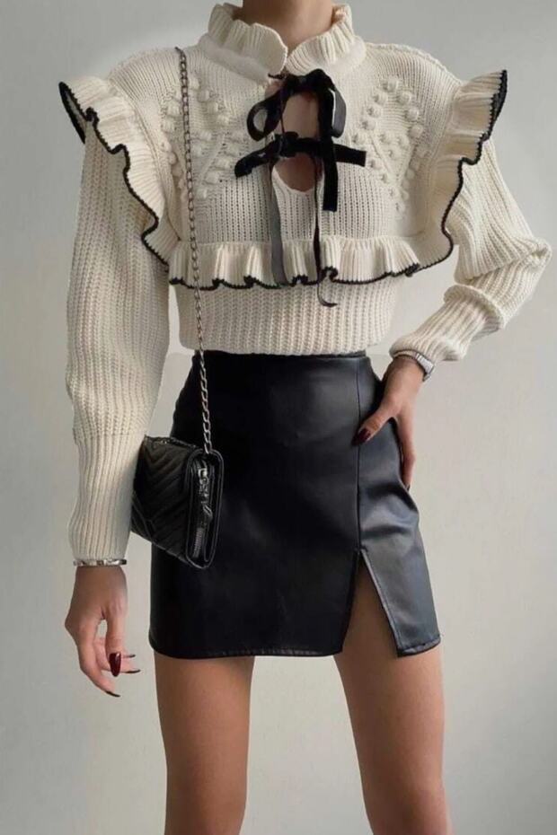 Women's Ruffled Collar Ribbon Knitted Princess Ecru Sweater