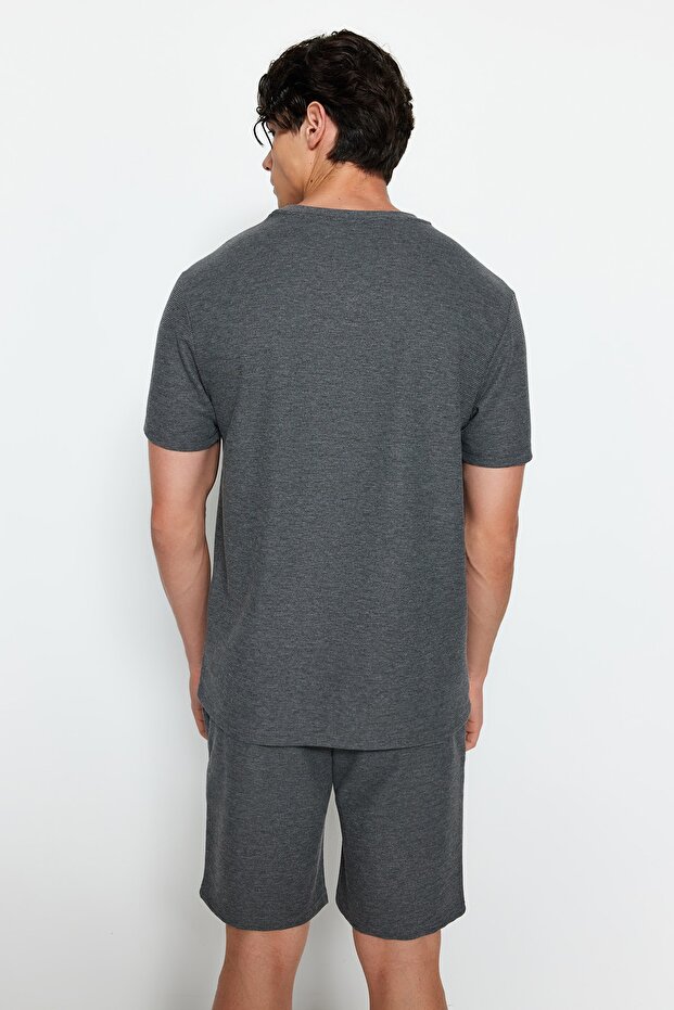 Antrasit Regular Fit Dokulu Örme Şortlu Pijama Takımı TMNSS23PT00032 - 3