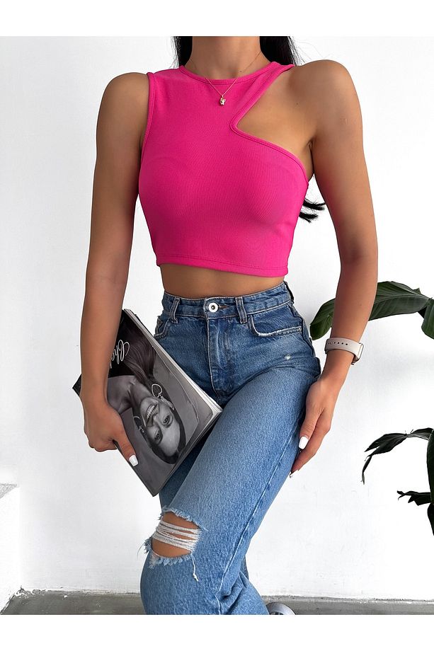 Önü Asimetrik Ottoman Kumaş Kadın Crop Bluz - 3