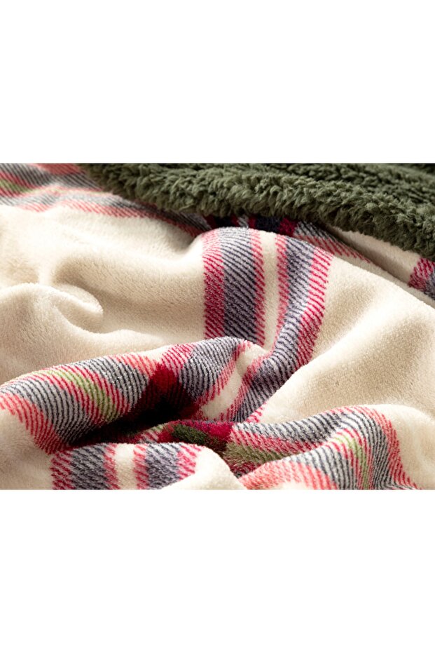 Windowpane Sherpa Tek Kişilik Battaniye 150x200 Cm Bej - Kırmızı - 4
