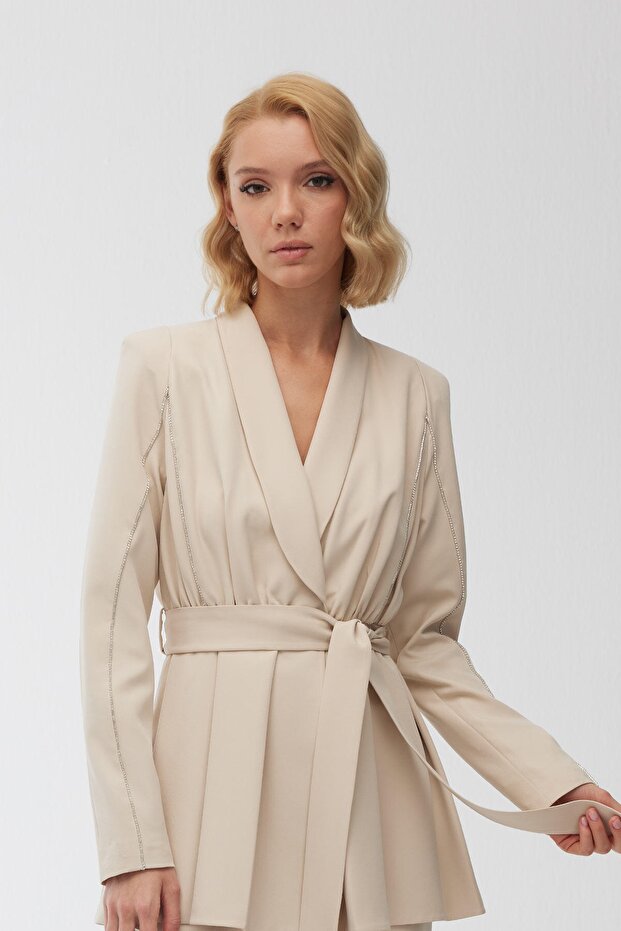 Taşlı Blazer Ceket Bej - 2