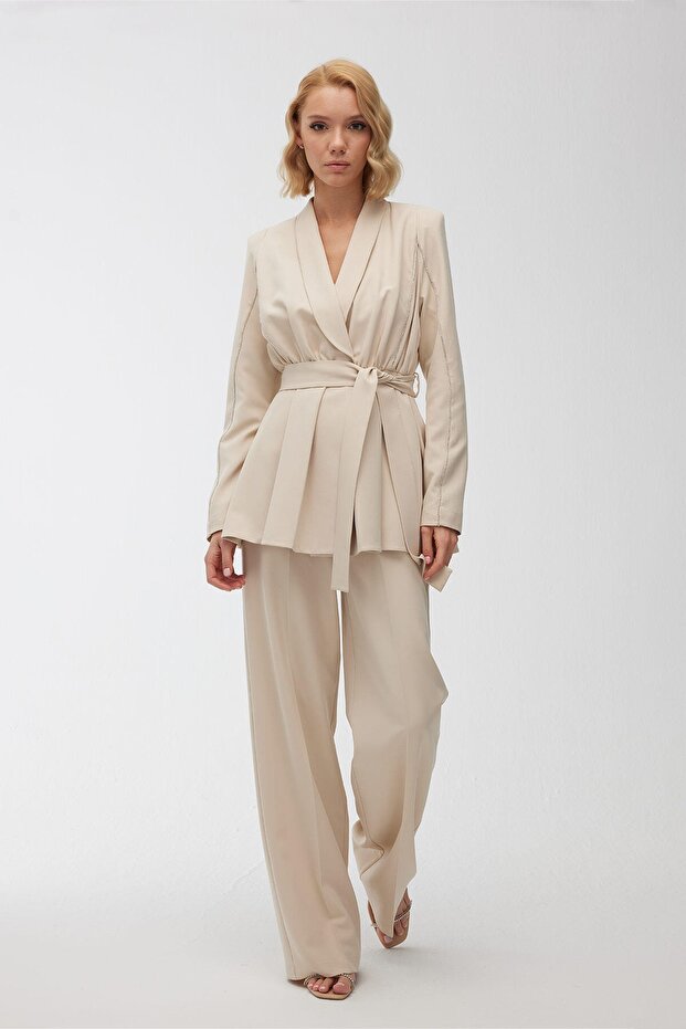 Taşlı Blazer Ceket Bej - 6