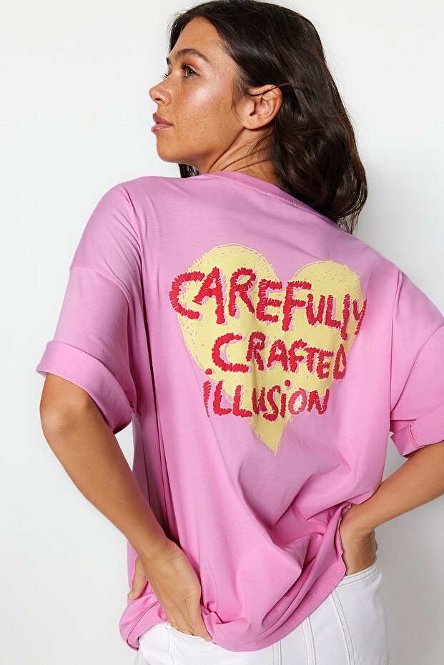 Pink 100% Cotton Front and Back Embossed Printed Oversized/Wide Fit Knit T-Shirt TWOSS23TS00355