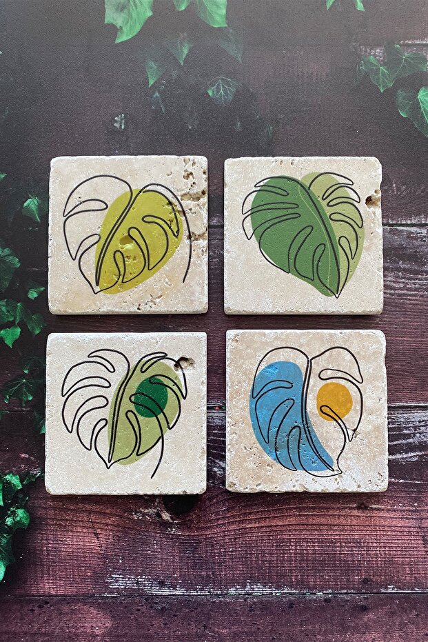 Bohemian Colorful Leaf Themed Natural Stone Travertine Coasters Set of 4