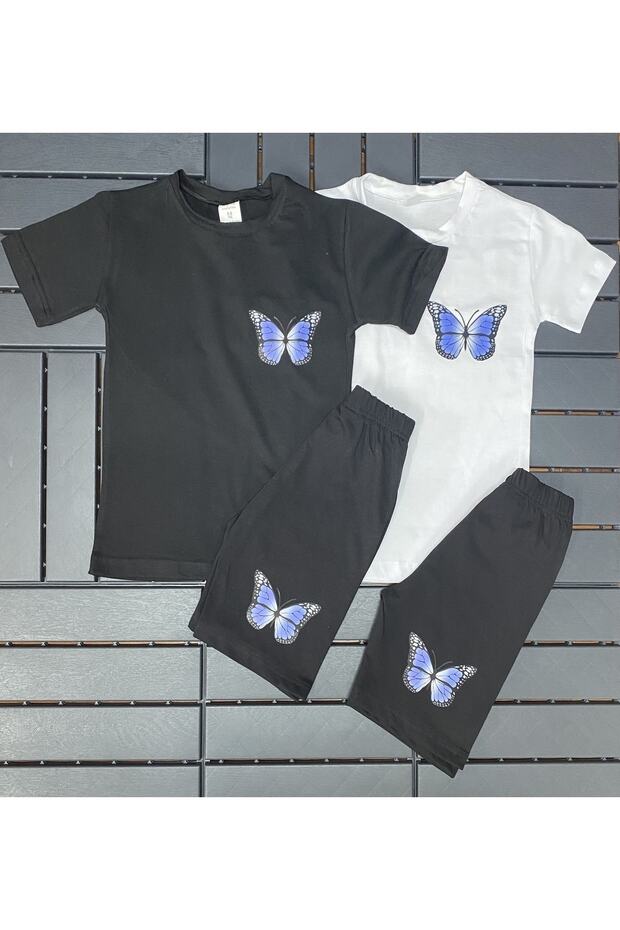 2 Piece Set Butterfly Printed Girls/Boys Shorts and T-Shirt Set, Black White, Black Black