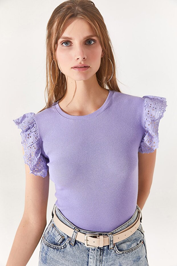 Women's Lilac Sleeve Scalloped Lycra Cotton Blouse BLZ-19002254