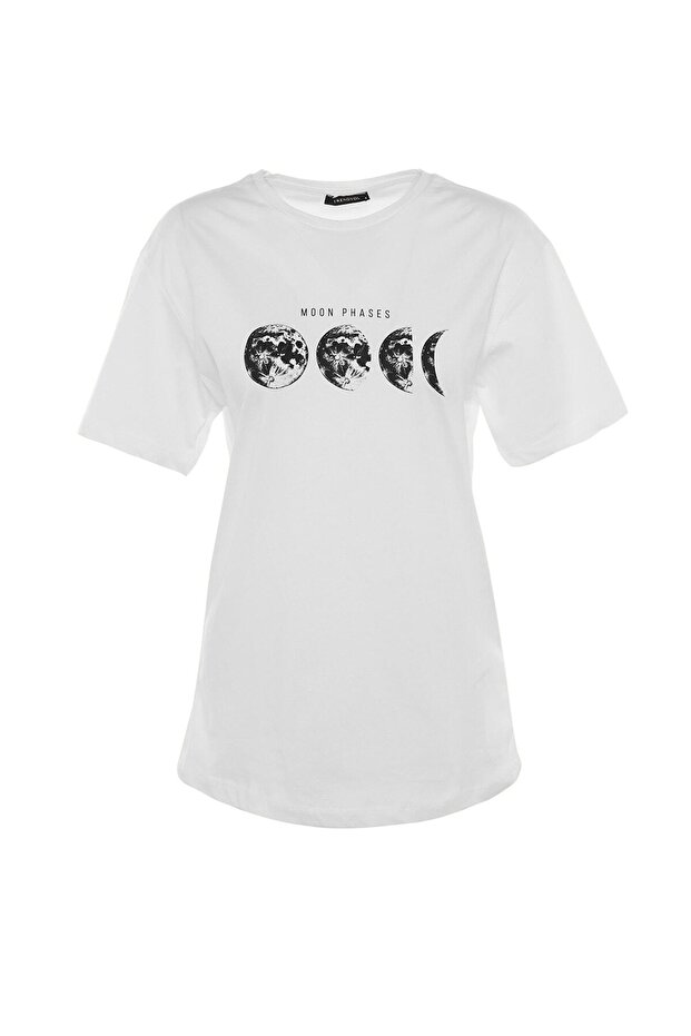 Ekru %100 Pamuk Baskılı Boyfriend Fit Bisiklet Yaka Örme T-Shirt TWOSS20TS0245 - 12