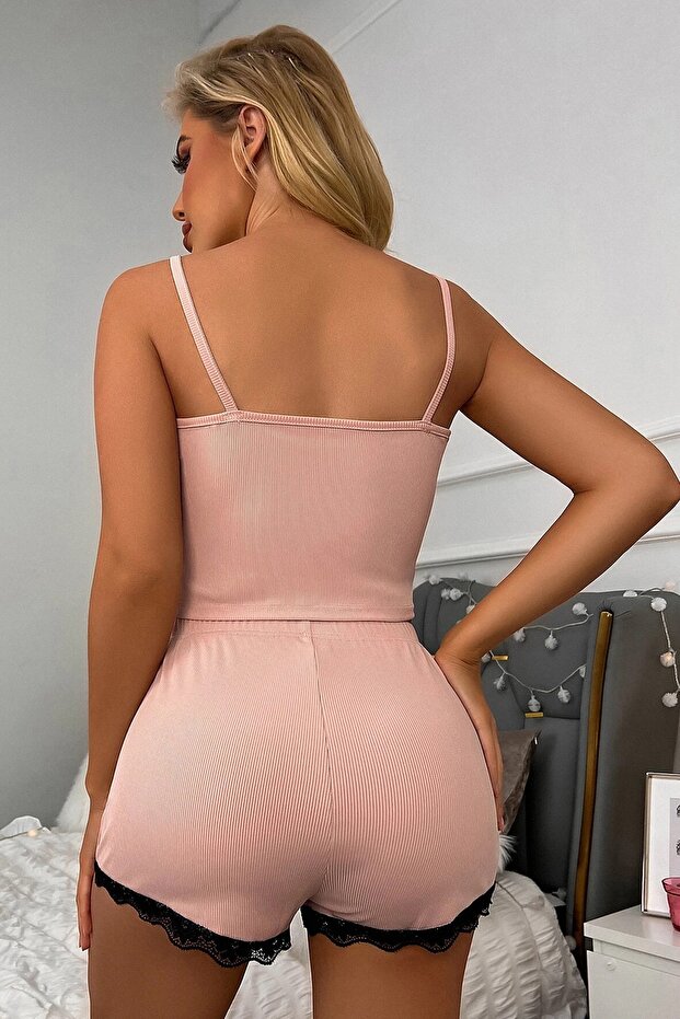 Kadın Pembe Alt Ve Üst Dantel Detaylı Şortlu Gecelik Takımı - 2