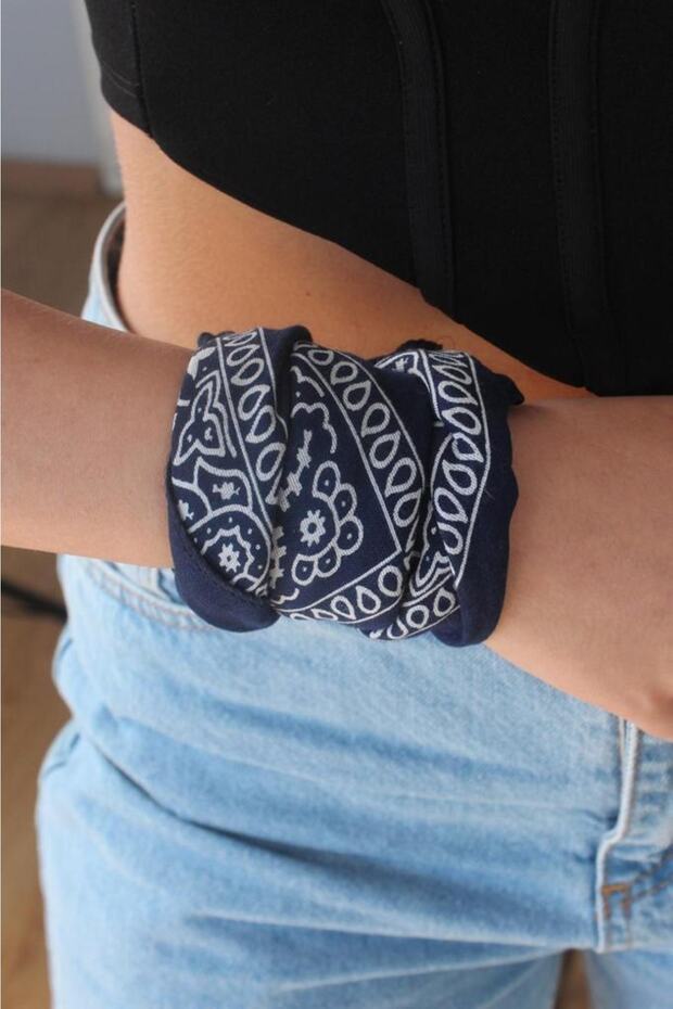 Navy Blue 100% Cotton Unisex Ethnic Patterned Bandana Scarf - Bracelet