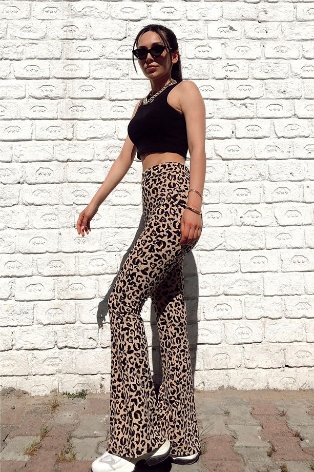 Leopar Desen Krep Kumaş Likralı Yüksek Bel Ispanyol Paça Pantolon 100 Cm - 5