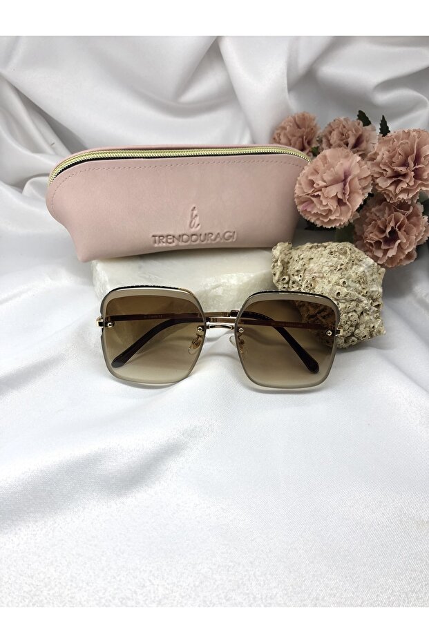 Ella Square Rectangle Gold Detailed Light Brown Women's Sunglasses