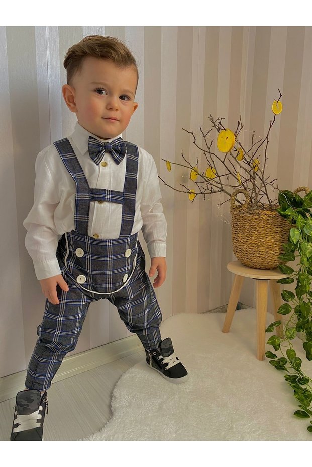 Plaid White Navy Blue Striped Cotton Salopet Suit Classic Long Sleeve Shirt with Bow Tie