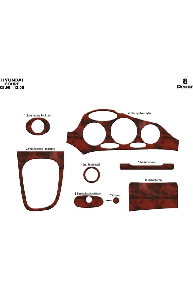 Meriç ® Hyundai Coupe Front Glove Box Trim Mahogany 8 Pieces 1996-2004