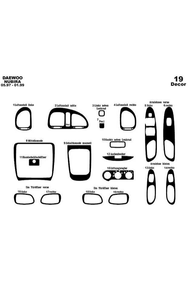 Meriç ® Daewoo Nubira 1 Front Torpedo Coated Glossy Black 19 Piece 1997-1999