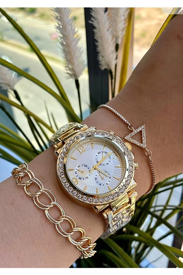 Taşlı Analog Kol Saati + Bileklik - 4