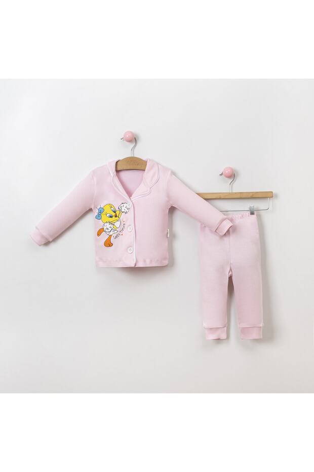 Kız Bebek Tweety Baskılı Önden Düğmeli Pijama Takımı ,alt Üst Gecelik Takımı (6-18 Ay) - 1