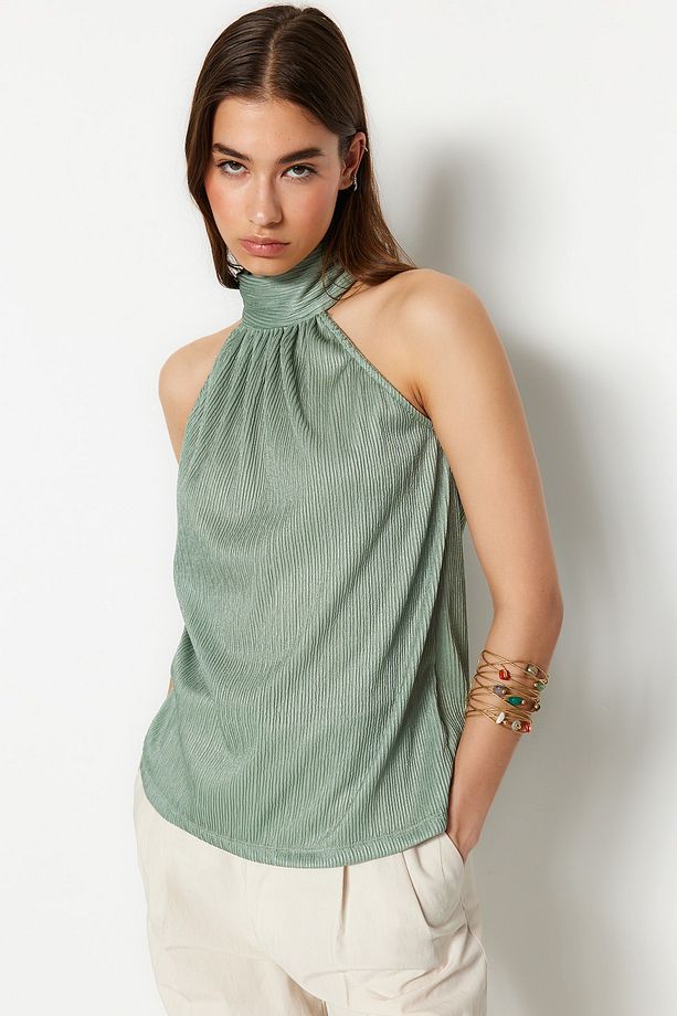 Mint Regular/Normal Kalıp Dik Yaka Fit Pilise Esnek Örme Bluz TWOSS23BZ00952 - 3