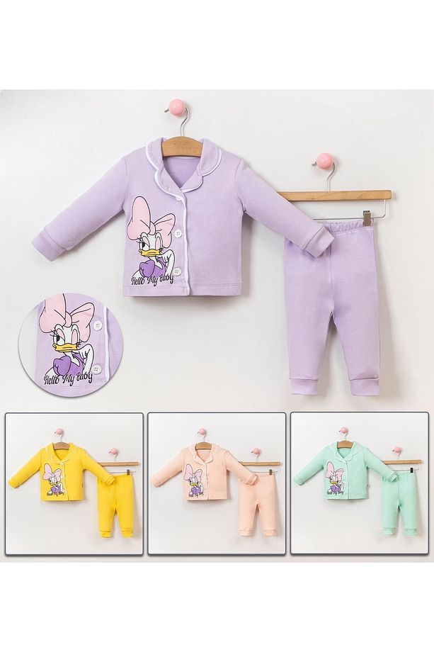 Kız Bebek Daisy Duck Baskılı Önden Düğmeli Pijama Takımı ,alt Üst Gecelik Takımı (6-18 Ay) - 3