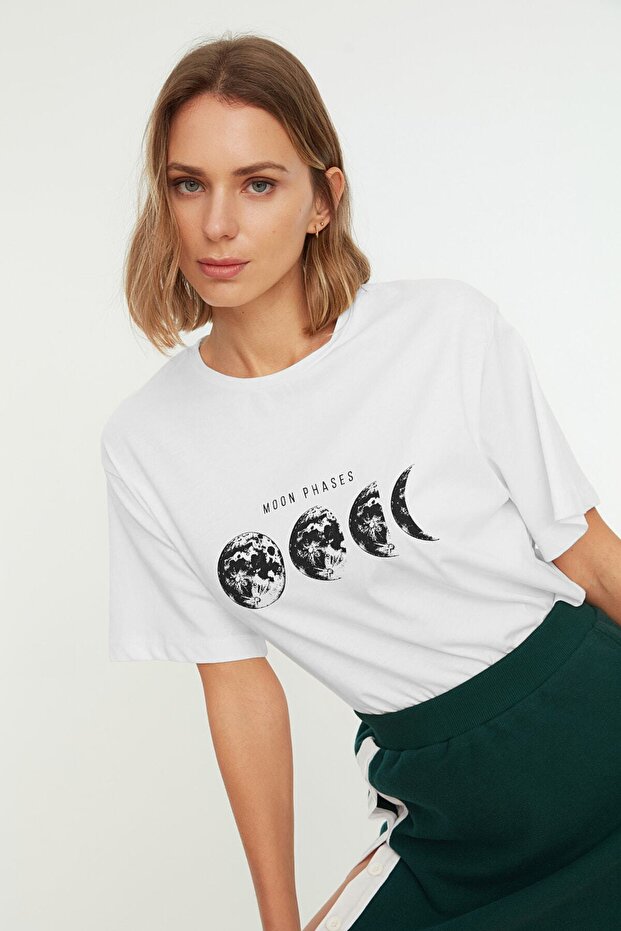 Ekru %100 Pamuk Baskılı Boyfriend Fit Bisiklet Yaka Örme T-Shirt TWOSS20TS0245 - 9