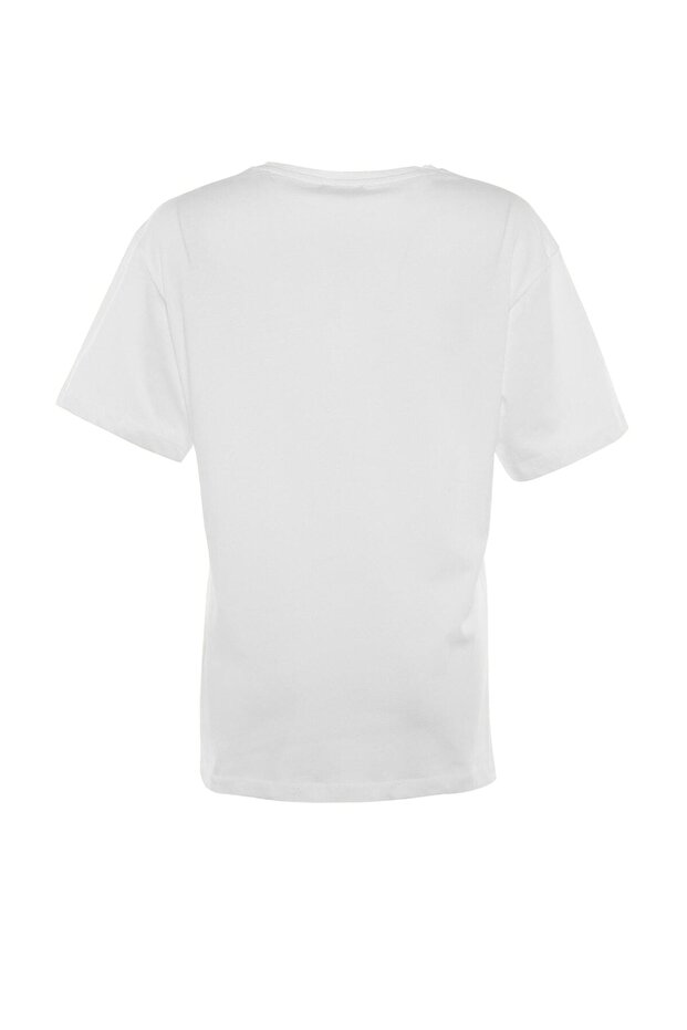 Ekru %100 Pamuk Baskılı Boyfriend Fit Bisiklet Yaka Örme T-Shirt TWOSS20TS0245 - 14