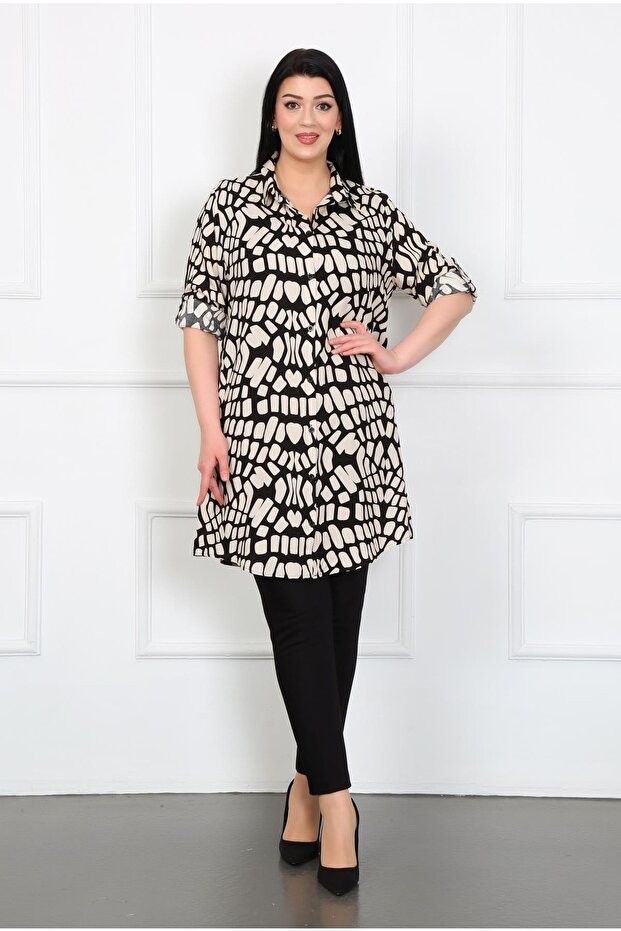 Women's Black Cotton Viscose Patterned Large Size Tunic