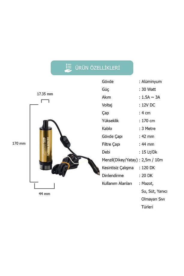 Kızılırmak 12 Volt Alüminyum Dalgıç Tipi Sıvı Aktarma Pompası (filtreli + Arapuarlı + Çakmaklıklı) - 2