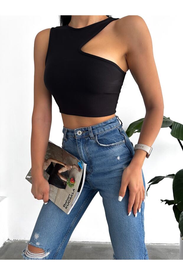 Önü Asimetrik Ottoman Kumaş Kadın Crop Bluz - 2