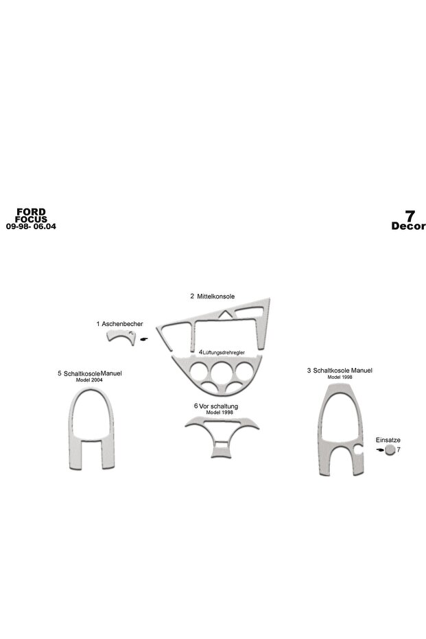 Meric® Ford Focus Front Torpedo Trim Aluminum 7 Parts 1998-2004