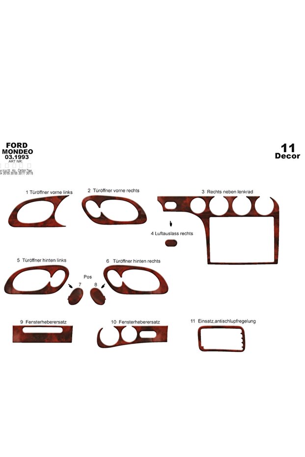 Meriç ® Ford Mondeo Front Glove Box Trim Mahogany 11 Pieces 1993-1996