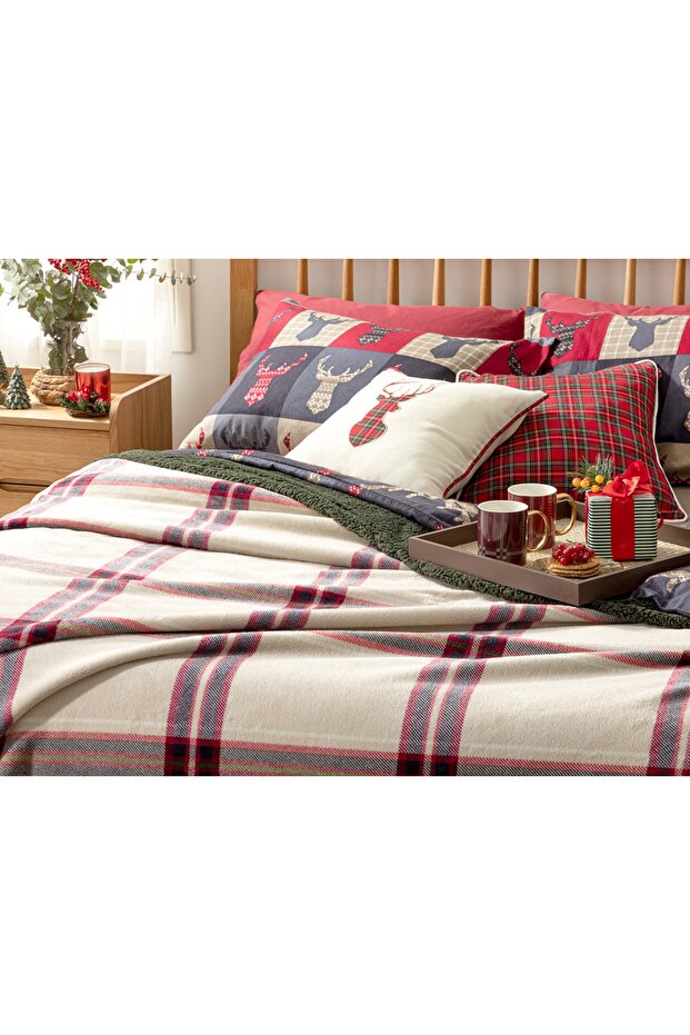 Windowpane Sherpa Tek Kişilik Battaniye 150x200 Cm Bej - Kırmızı - 2