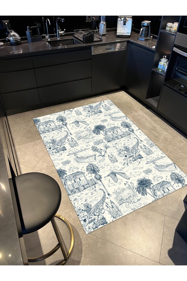 Navy Blue White Hand Drawing Vintage Theme Digital Printing Decorative Woven Base Carpet Mira 1291