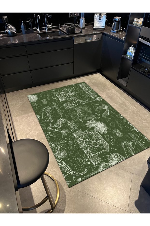 Green Hand Drawing Vintage Theme Digital Printing Decorative Woven Base Carpet Mira 1290