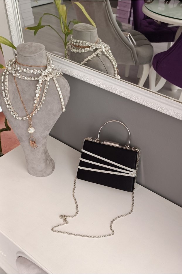 Black Satin Hand-Handed Chain 3 Rows Corduroy Stone Evening Dress Women's Bag