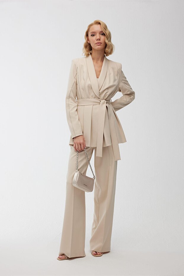 Taşlı Blazer Ceket Bej - 5