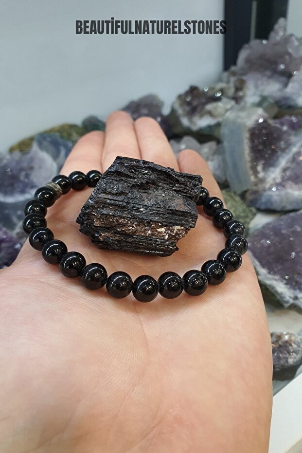 Black Tourmaline Natural Stone Bracelet (With Raw Stone Gift) (radiation and electromagnetic field cleansing)