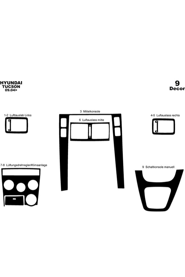 Meriç ® Hyundai Tucson Front Glove Box Trim Gloss Black 9 Piece 2004-2010