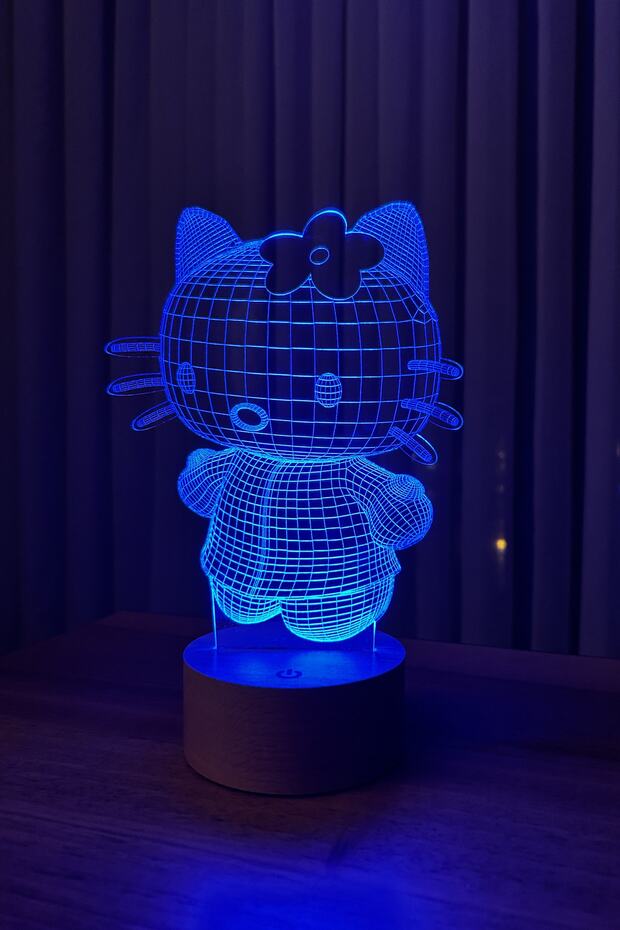Hello Kitty Figürlü Led Gece Lambası | 7 Işık Rengi | Ahşap Taban - 9