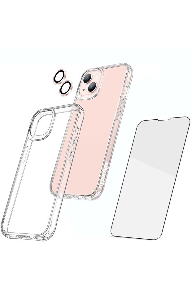 حافظة شفافة متوافقة مع هاتف آيفون 13 + واقي شاشة + واقي كاميرا 360 °   مجموعة الحماية الكاملة 3 في 1 - وردي - 1