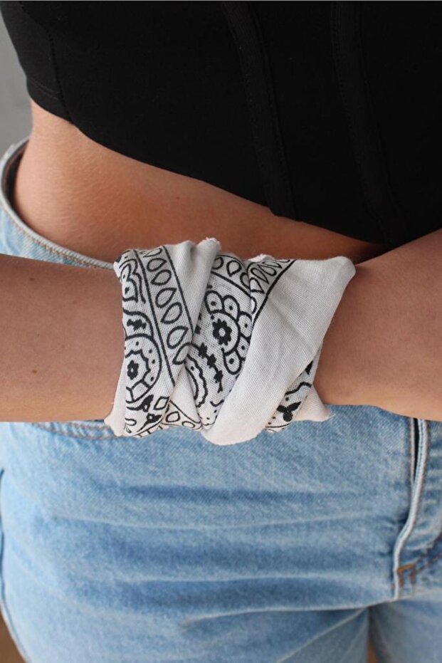 White 100% Cotton Unisex Ethnic Patterned Bandana Scarf - Bracelet