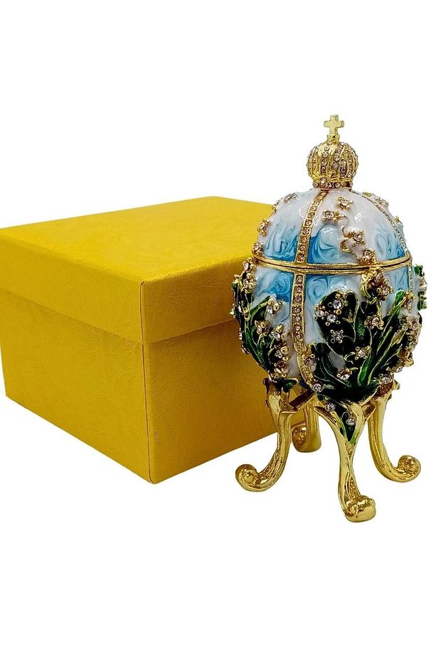 Faberge Yumurta Taşlı Lüks Mücevher Kutusu Mavi Yeşil 12cm Hediyeli - 3