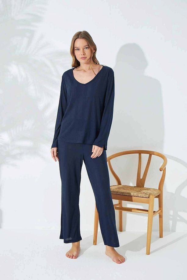 Lacivert Soft Touch Ince Örme Pijama Takım - 2