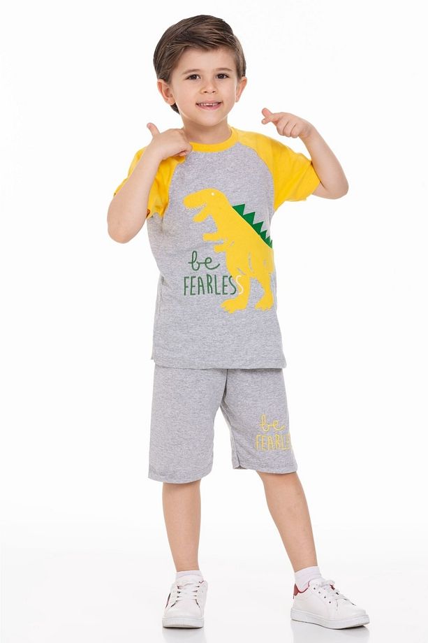 Erkek Çocuk Sarı Dino Kısa Kollu Desenli Pijama Takımı - 1