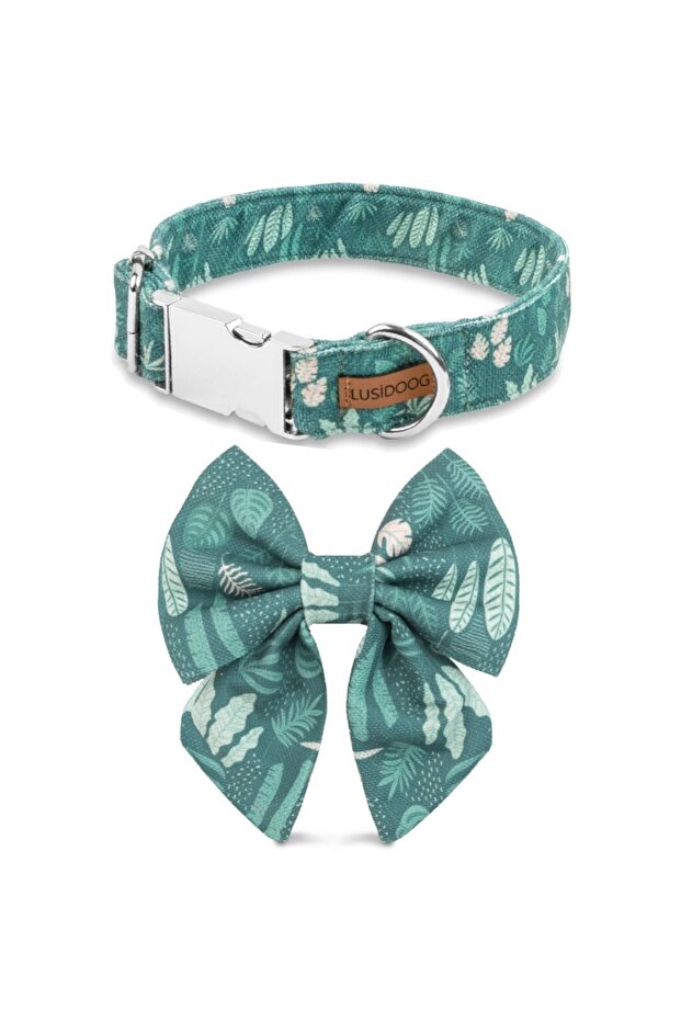 Green Dog Collar and Female Dog Bow Tie with Floral Pattern