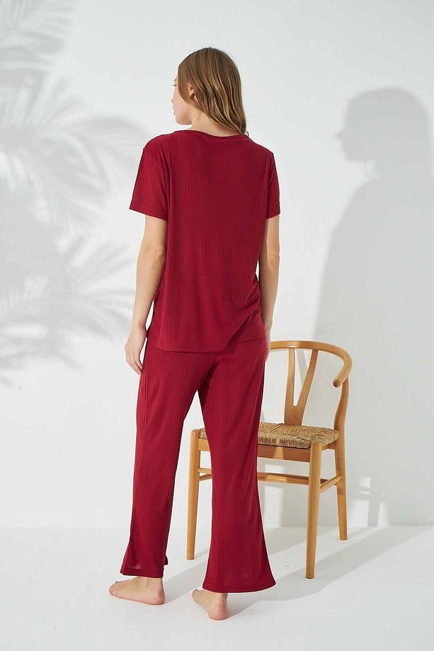 Bordo Soft Touch Ince Örme Pijama Takım - 3