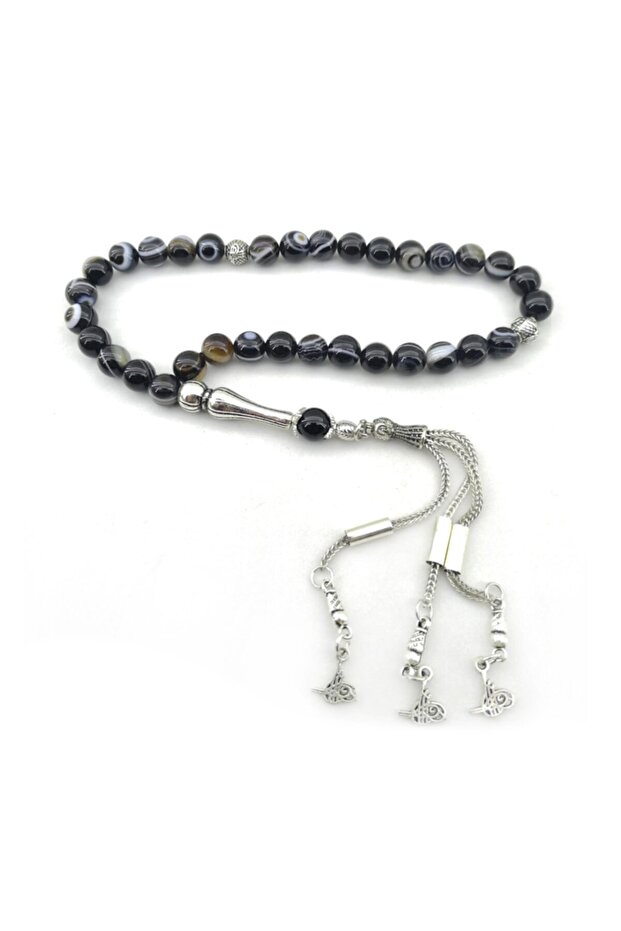 Certified Eye Agate Natural Stone Prayer Beads with Metal Parts 8 mm
