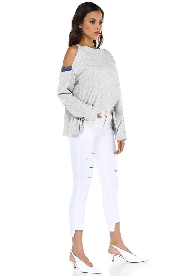 Women's Gray Melange Shoulder Detailed Sweatshirt BD2338