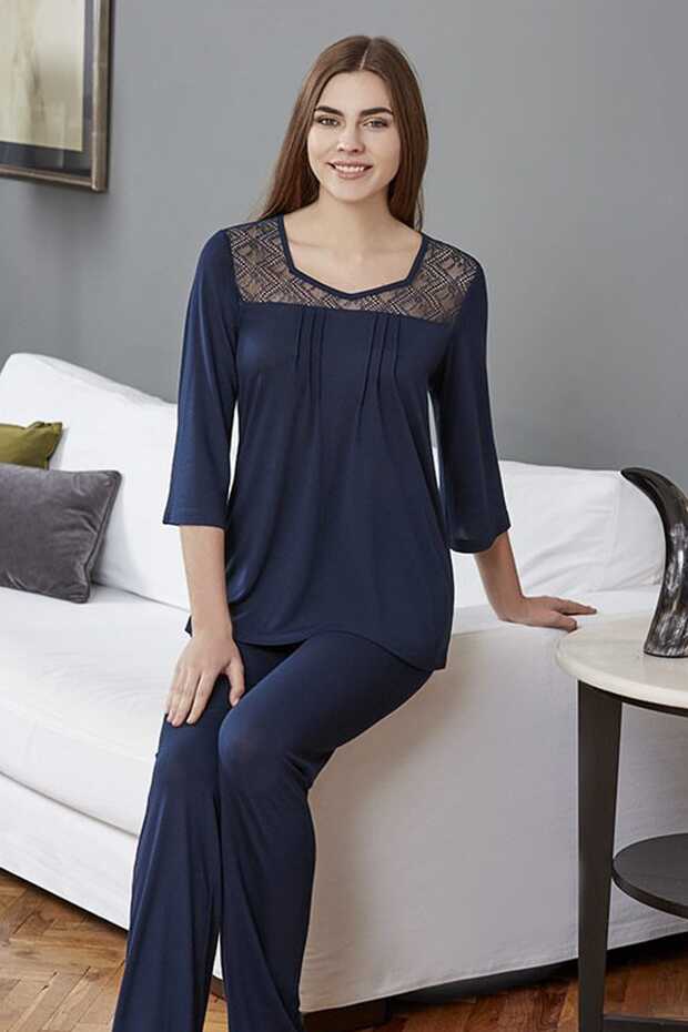 Women's Navy Blue Square Collar Three Quarter Sleeve Pajamas Suit ESK0218Y0570