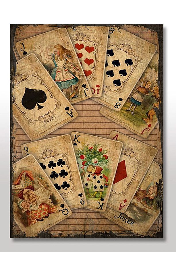 50cmX70cm Ahşap Tablo İskambil Kağıdında Alice Harkalar Diyarında Görseli - 1